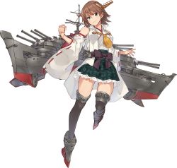 Rule 34 | boots, brown hair, detached sleeves, flipped hair, green skirt, hairband, headgear, hiei (kancolle), hiei kai ni (kancolle), highres, japanese clothes, kantai collection, konishi (koconatu), machinery, nontraditional miko, official art, plaid, ribbon-trimmed sleeves, ribbon trim, short hair, skirt, solo, thigh boots, thighhighs, transparent background, turret