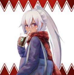 Rule 34 | 1girl, azur lane, blush, breasts, cardigan, coffee, coffee cup, commentary, crossed bangs, cup, dark-skinned female, dark skin, disposable cup, drinking straw, drinking straw in mouth, facepaint, hair between eyes, high ponytail, highres, holding, holding cup, kure (kure 90), long hair, looking at viewer, medium breasts, minneapolis (azur lane), minneapolis (wild huntress schoolgirl) (azur lane), nail polish, official alternate costume, open mouth, pink nails, plaid, plaid scarf, purple cardigan, red eyes, red scarf, ringed eyes, scarf, solo, upper body, very long hair, white background, white hair