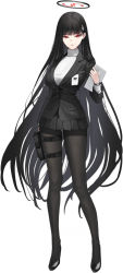 Rule 34 | 1girl, black footwear, black hair, black jacket, black pantyhose, blue archive, gun, hair ornament, hairclip, handgun, high heels, highres, holding, holding tablet pc, holster, holstered, jacket, long hair, miniskirt, official art, pantyhose, pleated skirt, red eyes, rio (blue archive), skirt, solo, tablet pc, thigh holster, third-party source, weapon, white background