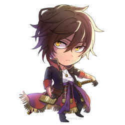 Rule 34 | 10s, 1boy, brown hair, chibi, coat, commentary request, hair between eyes, jewelry, male focus, necklace, non (nonzile), ookurikara, open clothes, open coat, pants, sheath, sheathed, shirt, shoes, sleeves rolled up, sword, touken ranbu, twitter username, weapon, white background, white shirt, yellow eyes