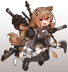 Rule 34 | 1girl, amonitto, animal ear fluff, animal ears, arknights, axe, black dress, black footwear, blush, boots, breasts, brown hair, ceobe (arknights), coat, dress, fang, holding, holding axe, long hair, long sleeves, open clothes, open coat, open mouth, red eyes, shoes, short dress, small breasts, smile, solo, sword, tail, thigh boots, weapon, white coat