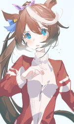Rule 34 | 1girl, :o, absurdres, animal ears, blue background, blue eyes, blush, brown hair, chinese commentary, commentary, hair between eyes, hair ribbon, high ponytail, highres, horse ears, horse girl, long hair, looking at viewer, multicolored hair, open mouth, purple ribbon, red track suit, ribbon, simple background, solo, straight-on, streaked hair, sweat, sweatdrop, tokai teio (umamusume), track suit, turtleneck, umamusume, upper body, very long hair, xianluojimaomao2333