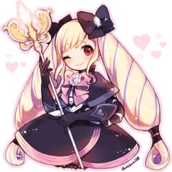 Rule 34 | 1girl, artist name, blonde hair, dress, drill hair, elise (fire emblem), fire emblem, fire emblem fates, gloves, heart, natsumi (natumi06), nintendo, one eye closed, red eyes, ribbon, simple background, smile, solo, staff, twin drills, twintails, wink