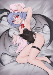 1girl absurdres alternate_costume animal_ear_hairband animal_ears arm_up armpits bat_wings bed_sheet black_footwear black_hairband black_leotard blue_hair blush bow bowtie covered_navel detached_collar eyelashes eyes_visible_through_hair fake_animal_ears fangs full_body hair_between_eyes hairband hand_on_headwear hat hat_ribbon high_heels highleg highleg_leotard highres holding holding_unworn_clothes leotard looking_at_viewer lying mob_cap on_side open_mouth rabbit_ears rabbit_tail red_bow red_bowtie red_eyes red_nails red_ribbon remilia_scarlet ribbon short_hair side-tie_leotard slit_pupils solo strapless strapless_leotard sudako_(dai011305) tail thigh_strap touhou wings