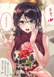 Rule 34 | 1girl, absurdres, animal print, apron, black hair, blush, breasts, brown eyes, commentary request, cow print, flower, glasses, highres, jewelry, large breasts, mature female, mother&#039;s day, open mouth, original, ornate ring, otaku&#039;s mom (shashaki), red ribbon, ribbed sweater, ribbon, ring, shashaki, short hair, solo, sweater, translation request, wedding ring