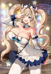 Rule 34 | 1girl, adapted costume, alternate breast size, artist name, barbara (genshin impact), blonde hair, blue eyes, blush, breasts, cleavage, detached collar, detached sleeves, dress, foxyreine, genshin impact, hair ornament, highres, large breasts, long hair, looking at viewer, one eye closed, open mouth, pantyhose, signature, smile, solo, twintails, white dress, white pantyhose