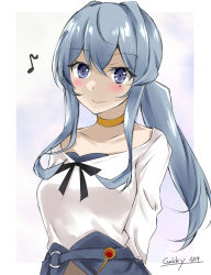 Rule 34 | 1girl, arms behind back, blue eyes, blue hair, choker, eighth note, gakky, gotland (kancolle), kantai collection, long hair, looking at viewer, low ponytail, mole, mole under eye, musical note, official alternate costume, one-hour drawing challenge, shirt, solo, upper body, white shirt