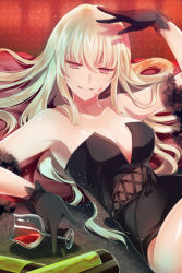 Rule 34 | 1girl, arm up, bare shoulders, blonde hair, breasts, cleavage, collarbone, cup, drinking glass, gloves, holding, large breasts, light smile, long hair, lowres, lying, on back, open mouth, pink eyes, pointing, reum, smile, solo, strapless, sword girls, wine glass