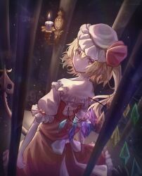 Rule 34 | 1girl, absurdres, bars, blonde hair, candle, closed mouth, crystal, fire, flandre scarlet, hat, hat ribbon, highres, indoors, kopi (user ajtn7422), laevatein (touhou), looking at viewer, looking back, mob cap, one side up, red eyes, red ribbon, red vest, ribbon, short sleeves, skull, solo, touhou, vest, white hat, wings