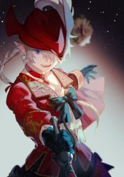 Rule 34 | 1girl, alisaie leveilleur, black bow, black gloves, blue eyes, blurry, bow, choker, coat, collared coat, commentary, depth of field, earrings, elezen, elf, final fantasy, final fantasy xiv, gloves, hair over one eye, hair ribbon, hat, hat feather, highres, holding, holding weapon, jewelry, lluyss, looking at viewer, low ponytail, medium hair, one eye covered, open clothes, open coat, open mouth, outstretched arms, pointy ears, red choker, red coat, red hat, red mage (final fantasy), ribbon, silver hair, solo, square enix, upper body, weapon