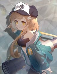 Rule 34 | 1girl, absurdres, aqua jacket, arknights, bandeau, bare shoulders, baseball cap, black bandeau, black pants, brown hair, commentary request, cowboy shot, dog tags, firewhistle (arknights), hair ornament, hairclip, hat, highres, jacket, leggings, long hair, long sleeves, looking at viewer, midriff, open clothes, open jacket, pants, smile, solo, standing, strapless, tube top, w020309449, yellow eyes