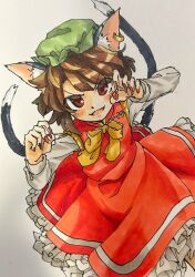 Rule 34 | 1girl, :3, :d, animal ear fluff, animal ear piercing, animal ears, bow, bowtie, brown hair, cat ears, cat tail, chen, claw pose, commentary request, dress, earrings, eyes visible through hair, flat chest, frills, from above, gold trim, green hat, hands up, hat, highres, jewelry, kusiyan, long sleeves, looking at viewer, mob cap, multiple tails, nail polish, nekomata, open mouth, petticoat, red dress, red eyes, red nails, short hair, simple background, single earring, smile, solo, swept bangs, tail, touhou, traditional media, two tails, v-shaped eyebrows, white background, yellow bow, yellow bowtie