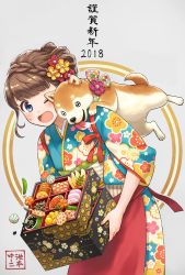 Rule 34 | 1girl, 2018, apron, bento, blue legwear, blush, braid, brown hair, caviar, commentary request, fingernails, fish, fish (food), floral print, flower, food, food request, grey background, hair flower, hair ornament, highres, holding, ikura (food), looking at viewer, nengajou, new year, one eye closed, original, pink flower, red apron, red flower, shiba inu, simple background, solo, standing, sweatdrop, translation request, yellow flower, yuko666