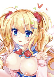 Rule 34 | 1girl, :3, :p, absurdres, ahoge, blonde hair, blue eyes, blush, bow, bra, bra pull, breasts, breasts out, cleavage, clothes pull, colored eyelashes, commentary request, double v, eyelashes, eyes visible through hair, gyaru, hair between eyes, hair ornament, hairclip, heart, heart hair ornament, highres, imoe (1017933989), kin-iro loveriche, kisaki reina, large breasts, long hair, looking at viewer, nipples, pom pom (clothes), pom pom hair ornament, red bow, school uniform, shirt, simple background, sleeves past wrists, smile, solo, sweat, tongue, tongue out, twintails, underwear, upper body, v, wavy hair, white background, white shirt