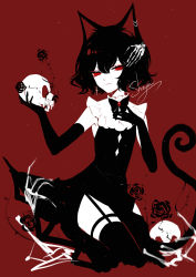 Rule 34 | 1girl, absurdres, artist name, bare shoulders, black bow, black bowtie, black dress, black hair, black thighhighs, bow, bowtie, cat tail, dress, earrings, frilled shirt collar, frills, garter straps, hand on own chest, hands up, highres, holding, holding skull, jewelry, limited palette, original, red background, red eyes, sheya, short hair, signature, simple background, skull, solo, tail, thighhighs