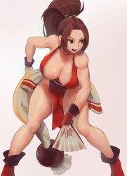 Rule 34 | 1girl, absurdres, alterlesott, bare shoulders, breasts, brown eyes, brown hair, cleavage, fatal fury, female focus, folding fan, hand fan, high ponytail, highres, holding, holding fan, japanese clothes, large breasts, long hair, looking to the side, matching hair/eyes, ninja, pelvic curtain, ponytail, revealing clothes, shiranui mai, smile, solo, standing, the king of fighters