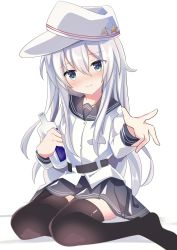 Rule 34 | 1girl, alcohol, black sailor collar, black skirt, black thighhighs, blue eyes, bottle, commentary request, drunk, fathom, flat cap, hammer and sickle, hat, hibiki (kancolle), highres, kantai collection, long hair, long sleeves, looking at viewer, pleated skirt, sailor collar, school uniform, serafuku, silver hair, simple background, skirt, solo, thighhighs, verniy (kancolle), vodka, white background, white hat