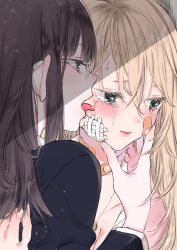 Rule 34 | 2girls, bandaid, bandaid on cheek, bandaid on face, black shirt, blonde hair, blush, brown eyes, brown hair, closed mouth, from side, glasses, grey eyes, hair between eyes, hand on another&#039;s face, highres, hug, jewelry, kawai rou, licking, licking another&#039;s face, licking tears, long hair, multiple girls, necklace, original, ring, ring necklace, shirt, tears, tongue, tongue out, yuri