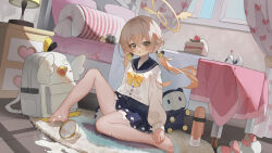 Rule 34 | 1girl, absurdres, animal, backpack, bag, bare legs, barefoot, bed, bird, black sailor collar, black skirt, blue archive, cake, cake slice, cardigan, chinese commentary, commentary, cup, curtains, floor, food, full body, hair between eyes, halo, hifumi (blue archive), highres, indoors, kele mimi, lamp, light brown hair, long hair, long sleeves, low twintails, milk, peroro (blue archive), pillow, pleated skirt, sailor collar, skirt, solo, spilled milk, twintails, white cardigan, window, yellow eyes, yellow halo