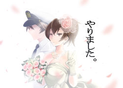 Rule 34 | 10s, 1boy, 1girl, admiral (kancolle), akaneyu akiiro, alternate costume, bouquet, breasts, bride, brown eyes, brown hair, cleavage, comic, dress, earrings, elbow gloves, expressionless, flower, gloves, hat, jacket, jewelry, jitome, kaga (kancolle), kantai collection, medium breasts, military, military uniform, naval uniform, necklace, necktie, pants, personification, short hair, side ponytail, translation request, uniform, v, wedding, wedding dress