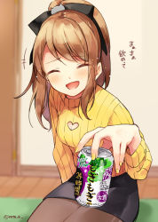 Rule 34 | 1girl, ^ ^, asymmetrical bangs, beer can, black pantyhose, black skirt, blush, bow, can, cat hair ornament, cleavage cutout, closed eyes, clothing cutout, commentary, drink can, fingernails, hair bow, hair ornament, hazuki natsu, hazuki natsu (vtuber), heart cutout, highres, holding, holding can, indie virtual youtuber, indoors, laughing, long hair, long sleeves, looking at viewer, miniskirt, nail polish, natsu channel, open mouth, pantyhose, parted bangs, ponytail, ribbed sweater, seiza, sitting, skirt, smile, solo, sweater, swept bangs, translated, turtleneck, turtleneck sweater, twitter username, virtual youtuber, wooden floor, yellow nails, yellow sweater