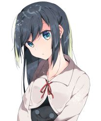 Rule 34 | 10s, 1girl, :&lt;, asashio (kancolle), bad id, bad pixiv id, black hair, blue eyes, collarbone, commentary, dress, eyebrows, frown, highres, kantai collection, long hair, looking at viewer, makino sato, neck ribbon, pinafore dress, red ribbon, ribbon, shadow, simple background, sleeveless, sleeveless dress, solo, swept bangs, upper body, white background