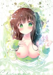 Rule 34 | 1girl, absurdres, blunt bangs, blush, bow, breasts, brown hair, character name, cleavage, closed mouth, collarbone, floral background, gochuumon wa usagi desu ka?, green eyes, green hairband, hair bow, hairband, hand on own chest, hands up, highres, large breasts, long hair, long sleeves, looking at viewer, mitsumomo mamu, nipples, no bra, off shoulder, scan, sleeves past wrists, solo, ujimatsu chiya, upper body
