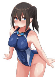 Rule 34 | 1girl, absurdres, arms at sides, black hair, blue eyes, blue one-piece swimsuit, breasts, commentary request, competition swimsuit, cowboy shot, goggles, goggles around neck, highleg, highleg swimsuit, highres, hiuyec, large breasts, leaning forward, long hair, multicolored clothes, multicolored swimsuit, one-piece swimsuit, original, sidelocks, simple background, solo, swimsuit, white background