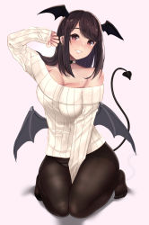 Rule 34 | 1girl, bare shoulders, between legs, black choker, black hair, black pantyhose, blush, breasts, brown eyes, choker, demon tail, earrings, halloween, halloween costume, hand between legs, hand up, head wings, highres, jewelry, kneeling, large breasts, long hair, looking at viewer, mole, mole on breast, no shoes, off-shoulder sweater, off shoulder, original, panties, panties under pantyhose, pantyhose, parted lips, pink background, ribbed sweater, sidelocks, simple background, sleeves past wrists, smile, solo, sweater, tail, thighs, toes, underwear, untue, white sweater, wings