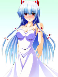 Rule 34 | 1girl, blush, bow, breasts, cleavage, dress, engo (aquawatery), female focus, fujiwara no mokou, hair bow, long hair, outstretched arm, red eyes, silver hair, sundress, touhou, very long hair
