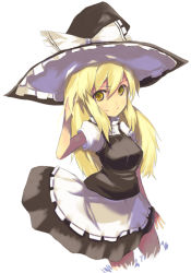 Rule 34 | 1girl, apron, arm at side, arm behind back, black hat, black skirt, black vest, blonde hair, bow, breasts, closed mouth, cowboy shot, eyebrows, female focus, grass, hair between eyes, hand in own hair, hand up, hat, hat bow, kirisame marisa, long hair, looking at viewer, puffy short sleeves, puffy sleeves, shirt, short sleeves, simple background, skirt, smile, solo, touhou, vest, waist apron, white apron, white background, white bow, white shirt, witch hat, yellow eyes