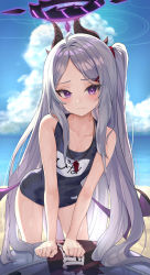 Rule 34 | 1girl, absurdres, arm support, bare arms, blue archive, blue one-piece swimsuit, blue sky, blush, closed mouth, cloud, collarbone, day, grey hair, halo, highres, hina (blue archive), hina (swimsuit) (blue archive), horns, leaning forward, lnji (rnlwls34), looking at viewer, low wings, ocean, official alternate costume, one-piece swimsuit, parted bangs, purple eyes, school swimsuit, sky, solo, swimsuit, thighs, water, whistle, whistle around neck, wings