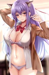 Rule 34 | 1girl, absurdres, animal ears, blurry, blurry background, blush, bow, bowtie, bra, breasts, brown coat, cat ears, cleavage, closed mouth, coat, collared shirt, cowboy shot, frilled bra, frills, hair ornament, hairpin, highres, kuro (tbm9187), large breasts, long hair, long sleeves, looking at viewer, navel, open clothes, original, purple bra, purple eyes, purple hair, red bow, red bowtie, shirt, smile, solo, underwear, white shirt