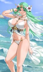 Rule 34 | 1girl, 2020, artist name, bare shoulders, beach, bikini, blue sky, blush, breasts, circlet, cleavage, collarbone, commentary, dated, day, female focus, fire emblem, fire emblem: three houses, fire emblem heroes, flower, forehead, green eyes, green hair, hair flower, hair ornament, hand in own hair, highres, jewelry, large breasts, long hair, looking at viewer, matching hair/eyes, navel, necklace, nintendo, ocean, parted bangs, rhea (fire emblem), sendo (sendrawz), signature, sky, solo, standing, swimsuit, thighs, white bikini