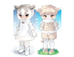 Rule 34 | adapted costume, aged down, animal ear fluff, animal ears, arms behind back, blush, boots, check translation, child, coat, dall sheep (kemono friends), elbow gloves, fur trim, gloves, grey hair, kemono friends, long sleeves, looking at viewer, multicolored hair, pantyhose, scarf, sheep (kemono friends), sheep ears, sheep girl, sheep tail, shoes, short hair, shorts, smile, sneakers, tail, translation request, vest, wanwantonaku, white gloves, white hair, white legwear, winter clothes, yellow eyes