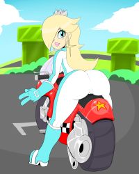 Rule 34 | 1girl, ass, backboob, biker clothes, bikesuit, blonde hair, blue eyes, bodysuit, boots, breasts, crown, earrings, female focus, from behind, gloves, hair over one eye, highres, huge ass, jewelry, large breasts, long hair, mario (series), mario kart, mario kart 8, motor vehicle, motorcycle, nintendo, rosalina, smile, solo, super mario bros. 1, super mario galaxy, v