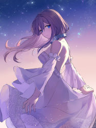 Rule 34 | 1girl, akitsuki (oenothera), bare shoulders, blue eyes, breasts, brown hair, covered erect nipples, detached sleeves, dress, frilled dress, frills, from side, go-toubun no hanayome, gradient sky, hair between eyes, headphones, headphones around neck, highres, holding, holding clothes, holding dress, light smile, long hair, looking at viewer, looking to the side, nakano miku, night, night sky, orange sky, outdoors, see-through, see-through silhouette, sideways glance, sky, smile, solo, star (sky), starry sky, strapless, strapless dress, sunset, white dress, wide sleeves