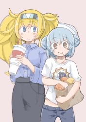 Rule 34 | 2girls, bag, black skirt, blonde hair, blue eyes, blue hair, brown eyes, collared shirt, cup, disposable cup, dixie cup hat, double bun, eating, enjaku izuku, food, food in mouth, food on face, gambier bay (kancolle), hairband, hat, highres, kantai collection, long hair, midriff, military hat, multiple girls, paper bag, samuel b. roberts (kancolle), shirt, skirt, smile, twintails
