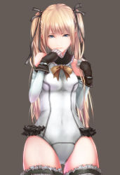 Rule 34 | 1girl, bad id, bad pixiv id, black ribbon, blonde hair, blue eyes, bow, bowtie, brown bow, covered navel, dead or alive, dead or alive 5, detached sleeves, fingerless gloves, frills, gloves, grey background, hair bow, hair ribbon, leotard, long hair, long sleeves, looking at viewer, marie rose, nana (7eo), ribbon, simple background, solo, thighhighs, twintails, upper body