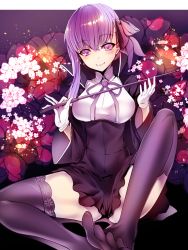 Rule 34 | 10s, 1girl, bad id, bad pixiv id, bb (fate), bb (fate/extra), black dress, black thighhighs, breasts, bustier, dress, fate/extra, fate/extra ccc, fate (series), floral background, flower, full body, gloves, hair between eyes, hair flower, hair ornament, hair ribbon, holding, holding wand, light smile, long hair, looking at viewer, medium breasts, no shoes, purple eyes, purple hair, ribbon, riding crop, short dress, silly (marinkomoe), sitting, smile, solo, thighhighs, thighs, very long hair, wand, white gloves, wide sleeves