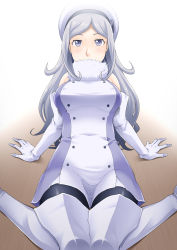 Rule 34 | 10s, 1girl, aila jyrkiainen, bare shoulders, blush, boots, breasts, dress, elbow gloves, gloves, gundam, gundam build fighters, hat, highres, hornet (artist), large breasts, legs, long hair, looking at viewer, purple eyes, simple background, sitting, solo, thigh boots, thighhighs, thighs, white hair
