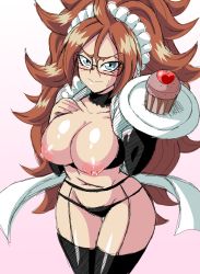 Rule 34 | 1girl, android 21, apron, blue eyes, blush, breasts, cupcake, dragon ball, dragonball z, food, glasses, highres, large breasts, lewdamone, maid, maid apron, nipples, red hair, solo, thighhighs