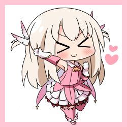 Rule 34 | &gt; &lt;, 1girl, blush, boots, chibi, closed eyes, closed mouth, collared shirt, detached sleeves, facing viewer, fate/kaleid liner prisma illya, fate (series), feather hair ornament, feathers, full body, gloves, hair between eyes, hair ornament, hana kazari, heart, illyasviel von einzbern, layered skirt, light brown hair, long hair, long sleeves, outstretched arm, pink background, pink feathers, pink footwear, pink shirt, pink sleeves, pink thighhighs, pleated skirt, prisma illya, shirt, skirt, sleeveless, sleeveless shirt, smile, solo, standing, standing on one leg, thigh boots, thighhighs, two-tone background, two side up, v-shaped eyebrows, very long hair, white background, white gloves, white skirt