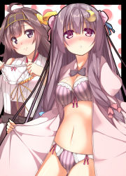 Rule 34 | 10s, 2girls, antennae, blush, bow, bow panties, bra, breasts, brown hair, bun cover, cleavage, coat, crescent, crossover, double bun, hair bun, hair ornament, hair ribbon, japanese clothes, kantai collection, kongou (kancolle), large breasts, long hair, looking at viewer, midriff, miko, multiple girls, navel, no headwear, nontraditional miko, open clothes, open coat, open mouth, panties, patchouli knowledge, personification, purple bra, purple eyes, purple hair, purple panties, ribbon, shirt, single hair bun, skirt, smile, striped bra, striped clothes, striped panties, touhou, tress ribbon, underwear, usume shirou, very long hair, white panties