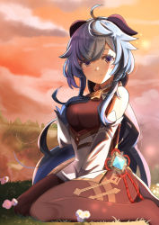 Rule 34 | absurdres, ahoge, bare shoulders, bell, between legs, black gloves, black legwear, blue hair, blush, bow, breasts, chinese knot, cloud, cloudy sky, detached sleeves, dusk, flower, flower knot, ganyu (genshin impact), genshin impact, gloves, gold trim, hand between legs, hand on own chest, highres, horns, long hair, looking at viewer, medium breasts, mxsoundtube, neck bell, no shoes, orange sky, purple eyes, red rope, rope, sidelocks, sitting, sky, smile, solo, sunset, tassel, thighlet, vision (genshin impact), wariza, white flower, white sleeves
