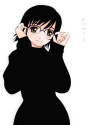 Rule 34 | adjusting eyewear, black hair, glasses, ishida masatsuki, lowres, original, short hair, smile, solo, translated, yellow eyes