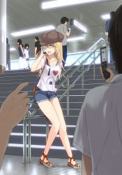 Rule 34 | 1girl, 3u, against railing, blonde hair, breasts, cabbie hat, camera phone, cellphone, cleavage, clothes writing, cutoffs, denim, denim shorts, fashion, glasses, green eyes, hat, hoshii miki, idolmaster, idolmaster (classic), indoors, medium breasts, open shoes, phone, pointing, pointy ears, railing, sandals, short shorts, shorts, smile, solo focus