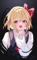 Rule 34 | 1girl, black vest, blonde hair, blush, collared shirt, darkness, fang, hair between eyes, hair ribbon, highres, long sleeves, open mouth, red eyes, red ribbon, ribbon, rumia, shirt, short hair, skin fang, solo, touhou, upper body, usushio, vest, white shirt