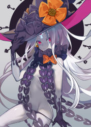 Rule 34 | 1girl, abigail williams (fate), abigail williams (third ascension) (fate), black bow, black gloves, black hat, black panties, bow, breasts, closed mouth, commentary request, fate/grand order, fate (series), gloves, grey background, groin, hand on headwear, hat, hat bow, highres, key, long hair, navel, orange bow, pale skin, panties, panty pull, parted bangs, pulling own clothes, purple eyes, revealing clothes, sin (btc86amme), small breasts, solo, topless, underwear, very long hair, white hair, witch hat