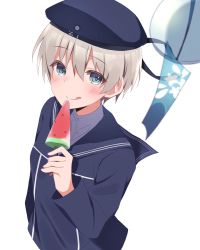 Rule 34 | 1girl, :p, anniversary, blue eyes, blue hat, blush, clothes writing, collared shirt, dress, food, grey hair, hachino mugi, hair between eyes, hat, highres, holding, holding food, kantai collection, looking at viewer, popsicle, sailor collar, sailor dress, sailor hat, shirt, short hair, simple background, solo, tongue, tongue out, upper body, watermelon bar, white background, white shirt, wind chime, z1 leberecht maass (kancolle)